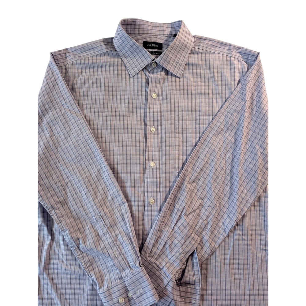 E.B. Wood men's dress shirt size‎ 17 34-35 Purple White Check Office Button Down
